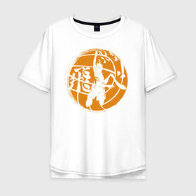 Мужская футболка хлопок Oversize с принтом Лозунг Карасуно на волейбольном мяче в Санкт-Петербурге, 100% хлопок | свободный крой, круглый ворот, “спинка” длиннее передней части | Тематика изображения на принте: anime | haikyu | haikyuu | karasuno | karasuno high | manga | аниме | волейбол | волейбольный клуб | вороны | иероглиф | карасуно | лого | манга | мяч | на японском | надпись | старшая школа | хаику | хаикую | японские