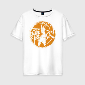 Женская футболка хлопок Oversize с принтом Лозунг Карасуно на волейбольном мяче в Санкт-Петербурге, 100% хлопок | свободный крой, круглый ворот, спущенный рукав, длина до линии бедер
 | anime | haikyu | haikyuu | karasuno | karasuno high | manga | аниме | волейбол | волейбольный клуб | вороны | иероглиф | карасуно | лого | манга | мяч | на японском | надпись | старшая школа | хаику | хаикую | японские