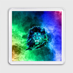 Магнит 55*55 с принтом Космический лев в Санкт-Петербурге, Пластик | Размер: 65*65 мм; Размер печати: 55*55 мм | космический лев | лев | лев на фоне дыма | разноцветный лев | цветной дым