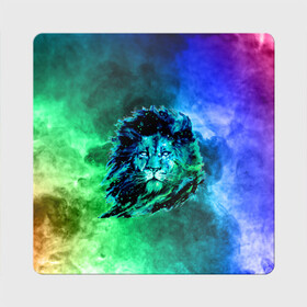 Магнит виниловый Квадрат с принтом Космический лев в Санкт-Петербурге, полимерный материал с магнитным слоем | размер 9*9 см, закругленные углы | космический лев | лев | лев на фоне дыма | разноцветный лев | цветной дым