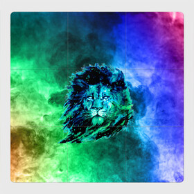 Магнитный плакат 3Х3 с принтом Космический лев в Санкт-Петербурге, Полимерный материал с магнитным слоем | 9 деталей размером 9*9 см | космический лев | лев | лев на фоне дыма | разноцветный лев | цветной дым