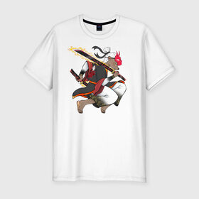 Мужская футболка хлопок Slim с принтом Honey badger samurai в Санкт-Петербурге, 92% хлопок, 8% лайкра | приталенный силуэт, круглый вырез ворота, длина до линии бедра, короткий рукав | барсук | зверь | иллюстрация | китай | медоед | самурай