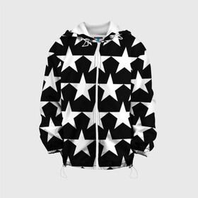 Детская куртка 3D с принтом Белые звёзды на чёрном фоне 2 в Санкт-Петербурге, 100% полиэстер | застежка — молния, подол и капюшон оформлены резинкой с фиксаторами, по бокам — два кармана без застежек, один потайной карман на груди, плотность верхнего слоя — 90 г/м2; плотность флисового подклада — 260 г/м2 | Тематика изображения на принте: бело чёрные звёзды | белые звёзды | белые звёзды на чёрном фоне | звёзды