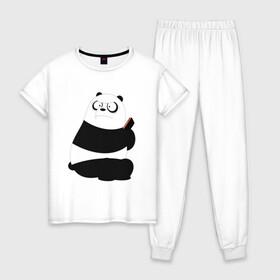 Женская пижама хлопок с принтом Возмущенная панда в Санкт-Петербурге, 100% хлопок | брюки и футболка прямого кроя, без карманов, на брюках мягкая резинка на поясе и по низу штанин | белый медведь | возмущение | животное | зависимость | медведь | панда | телефон