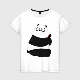Женская футболка хлопок с принтом Возмущенная панда в Санкт-Петербурге, 100% хлопок | прямой крой, круглый вырез горловины, длина до линии бедер, слегка спущенное плечо | белый медведь | возмущение | животное | зависимость | медведь | панда | телефон