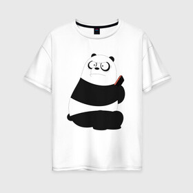 Женская футболка хлопок Oversize с принтом Возмущенная панда в Санкт-Петербурге, 100% хлопок | свободный крой, круглый ворот, спущенный рукав, длина до линии бедер
 | белый медведь | возмущение | животное | зависимость | медведь | панда | телефон