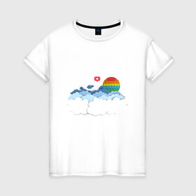 Женская футболка хлопок с принтом Pop it Simple Dimple в Санкт-Петербурге, 100% хлопок | прямой крой, круглый вырез горловины, длина до линии бедер, слегка спущенное плечо | pop it | simple dimple | восход | закат | лайк | небо | облака | попит | сердечко | симпл димпл