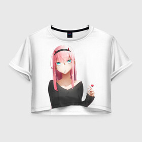 Женская футболка Crop-top 3D с принтом ZERO TWO | 002 в Санкт-Петербурге, 100% полиэстер | круглая горловина, длина футболки до линии талии, рукава с отворотами | anime | darling | darling in the franxx | girl | sempai | senpai | аниме | вайфу | дарлинг | девушка | зеро ту | леденец | любимый во франксе | милый | ноль два | няшка | розовые волосы | розовый | сенпай | стрелиция | тян | франкс | ч