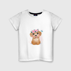 Детская футболка хлопок с принтом Пудель и цветы в Санкт-Петербурге, 100% хлопок | круглый вырез горловины, полуприлегающий силуэт, длина до линии бедер | cute | dog | poodle | woof | гав | забавный | пес | песель | песик | пудель | смешной | собака | собачка | щенок