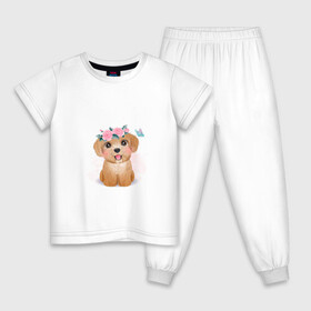 Детская пижама хлопок с принтом Пудель и цветы в Санкт-Петербурге, 100% хлопок |  брюки и футболка прямого кроя, без карманов, на брюках мягкая резинка на поясе и по низу штанин
 | cute | dog | poodle | woof | гав | забавный | пес | песель | песик | пудель | смешной | собака | собачка | щенок