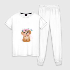 Женская пижама хлопок с принтом Пудель и цветы в Санкт-Петербурге, 100% хлопок | брюки и футболка прямого кроя, без карманов, на брюках мягкая резинка на поясе и по низу штанин | cute | dog | poodle | woof | гав | забавный | пес | песель | песик | пудель | смешной | собака | собачка | щенок