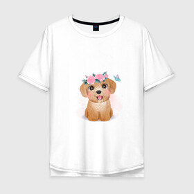 Мужская футболка хлопок Oversize с принтом Пудель и цветы в Санкт-Петербурге, 100% хлопок | свободный крой, круглый ворот, “спинка” длиннее передней части | cute | dog | poodle | woof | гав | забавный | пес | песель | песик | пудель | смешной | собака | собачка | щенок