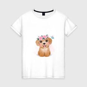 Женская футболка хлопок с принтом Пудель и цветы в Санкт-Петербурге, 100% хлопок | прямой крой, круглый вырез горловины, длина до линии бедер, слегка спущенное плечо | cute | dog | poodle | woof | гав | забавный | пес | песель | песик | пудель | смешной | собака | собачка | щенок