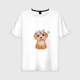 Женская футболка хлопок Oversize с принтом Пудель и цветы в Санкт-Петербурге, 100% хлопок | свободный крой, круглый ворот, спущенный рукав, длина до линии бедер
 | cute | dog | poodle | woof | гав | забавный | пес | песель | песик | пудель | смешной | собака | собачка | щенок