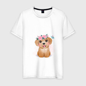 Мужская футболка хлопок с принтом Пудель и цветы в Санкт-Петербурге, 100% хлопок | прямой крой, круглый вырез горловины, длина до линии бедер, слегка спущенное плечо. | cute | dog | poodle | woof | гав | забавный | пес | песель | песик | пудель | смешной | собака | собачка | щенок