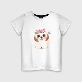 Детская футболка хлопок с принтом Ши-тцу собака в Санкт-Петербурге, 100% хлопок | круглый вырез горловины, полуприлегающий силуэт, длина до линии бедер | cute | dog | shih tzu | woof | гав | забавный | пес | песель | песик | смешной | собака | собачка | ши тцу | щенок