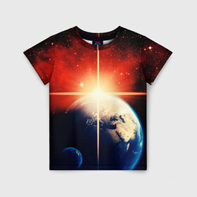 Детская футболка 3D с принтом Космос земля 3D в Санкт-Петербурге, 100% гипоаллергенный полиэфир | прямой крой, круглый вырез горловины, длина до линии бедер, чуть спущенное плечо, ткань немного тянется | вселенная | галактика | звёзды | земля | космос | лучи | рассвет | сияние | солнце
