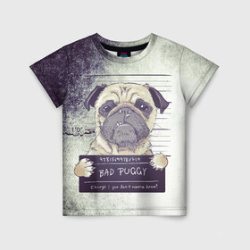 Детская футболка 3D с принтом Bad Puggy в Санкт-Петербурге, 100% гипоаллергенный полиэфир | прямой крой, круглый вырез горловины, длина до линии бедер, чуть спущенное плечо, ткань немного тянется | арест | арт | графика | животные | заключенный | звери | мопс | собаки