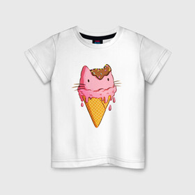 Детская футболка хлопок с принтом Cat Ice Cream в Санкт-Петербурге, 100% хлопок | круглый вырез горловины, полуприлегающий силуэт, длина до линии бедер | animal | cat | cute | ice cream | kitty | meow | друг | еда | животные | киска | кися | китти | кот | котенок | котик | котэ | кошечка | кошка | мороженое | мур | мяу | питомец