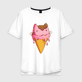 Мужская футболка хлопок Oversize с принтом Cat Ice Cream в Санкт-Петербурге, 100% хлопок | свободный крой, круглый ворот, “спинка” длиннее передней части | Тематика изображения на принте: animal | cat | cute | ice cream | kitty | meow | друг | еда | животные | киска | кися | китти | кот | котенок | котик | котэ | кошечка | кошка | мороженое | мур | мяу | питомец