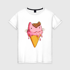 Женская футболка хлопок с принтом Cat Ice Cream в Санкт-Петербурге, 100% хлопок | прямой крой, круглый вырез горловины, длина до линии бедер, слегка спущенное плечо | animal | cat | cute | ice cream | kitty | meow | друг | еда | животные | киска | кися | китти | кот | котенок | котик | котэ | кошечка | кошка | мороженое | мур | мяу | питомец