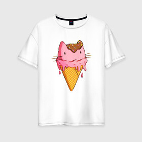 Женская футболка хлопок Oversize с принтом Cat Ice Cream в Санкт-Петербурге, 100% хлопок | свободный крой, круглый ворот, спущенный рукав, длина до линии бедер
 | animal | cat | cute | ice cream | kitty | meow | друг | еда | животные | киска | кися | китти | кот | котенок | котик | котэ | кошечка | кошка | мороженое | мур | мяу | питомец