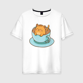 Женская футболка хлопок Oversize с принтом Котик в кружке в Санкт-Петербурге, 100% хлопок | свободный крой, круглый ворот, спущенный рукав, длина до линии бедер
 | animal | cat | cute | kitty | meow | друг | животные | киска | кися | китти | кот | котенок | котик | котэ | кошечка | кошка | мур | мяу | питомец