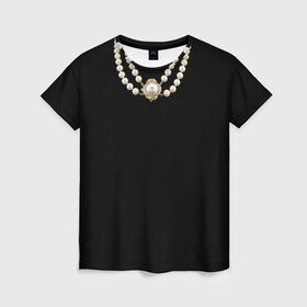 Женская футболка 3D с принтом Жемчуга в Санкт-Петербурге, 100% полиэфир ( синтетическое хлопкоподобное полотно) | прямой крой, круглый вырез горловины, длина до линии бедер | богатство | бусы | жемчуг | колье | маленькое чёрное | подвеска | украшения