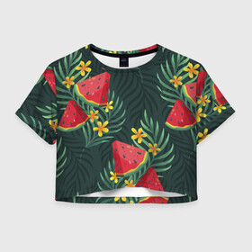 Женская футболка Crop-top 3D с принтом Арзуб и папоротник в Санкт-Петербурге, 100% полиэстер | круглая горловина, длина футболки до линии талии, рукава с отворотами | арбуз | арт | иллюстрация | папоротник | цветок | ягода