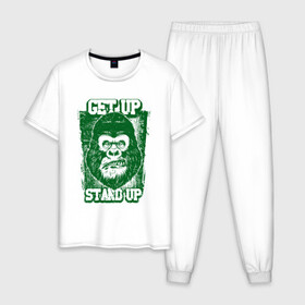 Мужская пижама хлопок с принтом Get Up - Stand Up в Санкт-Петербурге, 100% хлопок | брюки и футболка прямого кроя, без карманов, на брюках мягкая резинка на поясе и по низу штанин
 | bob marley | get up | get up stand up | gorilla | stand up | боб марли | вставай | горилла | обезьяна