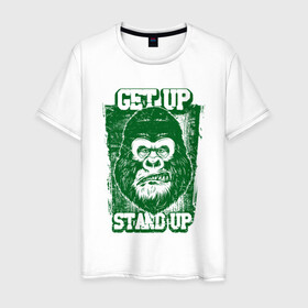 Мужская футболка хлопок с принтом Get Up - Stand Up в Санкт-Петербурге, 100% хлопок | прямой крой, круглый вырез горловины, длина до линии бедер, слегка спущенное плечо. | bob marley | get up | get up stand up | gorilla | stand up | боб марли | вставай | горилла | обезьяна
