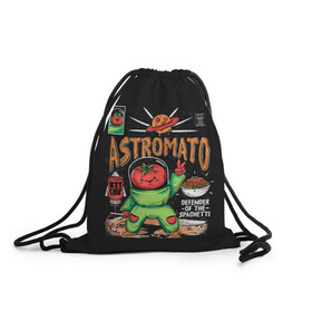 Рюкзак-мешок 3D с принтом Astromato в Санкт-Петербурге, 100% полиэстер | плотность ткани — 200 г/м2, размер — 35 х 45 см; лямки — толстые шнурки, застежка на шнуровке, без карманов и подкладки | alive | astronaut | defender | food | galaxy | ketchup | monster | moon | pizza | planet | space | spaghetti | tomato | vegetable | астронавт | галактика | еда | живая | живой | защитник | кетчуп | космос | луна | монстр | овощ | пицца | планета | помидор