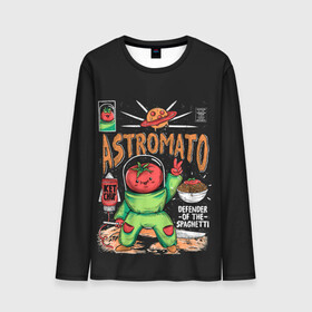 Мужской лонгслив 3D с принтом Astromato в Санкт-Петербурге, 100% полиэстер | длинные рукава, круглый вырез горловины, полуприлегающий силуэт | Тематика изображения на принте: alive | astronaut | defender | food | galaxy | ketchup | monster | moon | pizza | planet | space | spaghetti | tomato | vegetable | астронавт | галактика | еда | живая | живой | защитник | кетчуп | космос | луна | монстр | овощ | пицца | планета | помидор