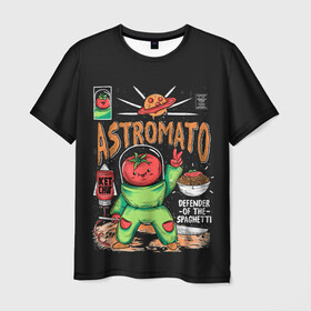 Мужская футболка 3D с принтом Astromato в Санкт-Петербурге, 100% полиэфир | прямой крой, круглый вырез горловины, длина до линии бедер | Тематика изображения на принте: alive | astronaut | defender | food | galaxy | ketchup | monster | moon | pizza | planet | space | spaghetti | tomato | vegetable | астронавт | галактика | еда | живая | живой | защитник | кетчуп | космос | луна | монстр | овощ | пицца | планета | помидор