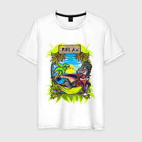 Мужская футболка хлопок с принтом RELAX | МОРЕ | ПЛЯЖ в Санкт-Петербурге, 100% хлопок | прямой крой, круглый вырез горловины, длина до линии бедер, слегка спущенное плечо. | palm | relax | sea | sun | гамак | горилла | лето | море | небо | обезьяна | отпуск | пальма | пальмы | пляж | релакс | солнце