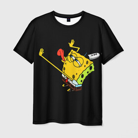 Мужская футболка 3D с принтом SpongeBob 3s в Санкт-Петербурге, 100% полиэфир | прямой крой, круглый вырез горловины, длина до линии бедер | Тематика изображения на принте: губка боб | на коленях | облизывает | один | спанч боб