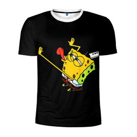 Мужская футболка 3D спортивная с принтом SpongeBob 3s в Санкт-Петербурге, 100% полиэстер с улучшенными характеристиками | приталенный силуэт, круглая горловина, широкие плечи, сужается к линии бедра | Тематика изображения на принте: губка боб | на коленях | облизывает | один | спанч боб