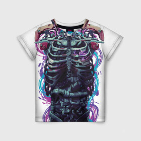 Детская футболка 3D с принтом Cuber skelet в Санкт-Петербурге, 100% гипоаллергенный полиэфир | прямой крой, круглый вырез горловины, длина до линии бедер, чуть спущенное плечо, ткань немного тянется | cyber | cyberpunk | cyborg | future | gwaenor | punk | retro | skeleton | киберпанк | киборг | ретро | скелет
