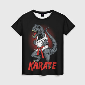 Женская футболка 3D с принтом KARATE T-REX в Санкт-Петербурге, 100% полиэфир ( синтетическое хлопкоподобное полотно) | прямой крой, круглый вырез горловины, длина до линии бедер | animal | dinosaur | fight | fighter | hunter | karate | red | sport | strong | t rex | боец | бои | динозавр | карате | сила | спорт | тиранозавр | хищник