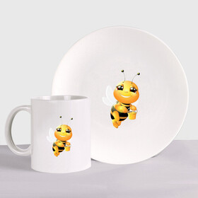 Набор: тарелка + кружка с принтом Милая пчелка в Санкт-Петербурге, керамика | Кружка: объем — 330 мл, диаметр — 80 мм. Принт наносится на бока кружки, можно сделать два разных изображения. 
Тарелка: диаметр - 210 мм, диаметр для нанесения принта - 120 мм. | Тематика изображения на принте: здоровье | мед | насекомые | природа | пчела | пчелка | пчелы