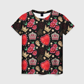 Женская футболка 3D с принтом Корона и розы в Санкт-Петербурге, 100% полиэфир ( синтетическое хлопкоподобное полотно) | прямой крой, круглый вырез горловины, длина до линии бедер | абстракция | королева | корона | паттерн | розы | текстуры | узоры | цветы