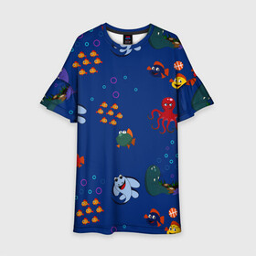 Детское платье 3D с принтом подводный мир в Санкт-Петербурге, 100% полиэстер | прямой силуэт, чуть расширенный к низу. Круглая горловина, на рукавах — воланы | blue | children | fish | marine | ocean | акула | вода | детская иллюстрация | желтый | золотая рыбка | игры | красный | лето | море | морской | мультяшный | мяч | океан | осьминог | подводный | принт для детей | пузыри