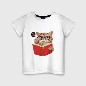Детская футболка хлопок с принтом Умный кот в Санкт-Петербурге, 100% хлопок | круглый вырез горловины, полуприлегающий силуэт, длина до линии бедер | карандаш | книга | кот | котик | кошка | мысли | очки | пушистый | рыжий | создания | умный | ученый | чтение