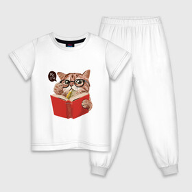Детская пижама хлопок с принтом Умный кот в Санкт-Петербурге, 100% хлопок |  брюки и футболка прямого кроя, без карманов, на брюках мягкая резинка на поясе и по низу штанин
 | Тематика изображения на принте: карандаш | книга | кот | котик | кошка | мысли | очки | пушистый | рыжий | создания | умный | ученый | чтение