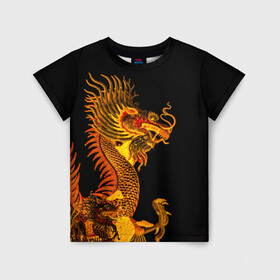 Детская футболка 3D с принтом Золотой китайский дракон в Санкт-Петербурге, 100% гипоаллергенный полиэфир | прямой крой, круглый вырез горловины, длина до линии бедер, чуть спущенное плечо, ткань немного тянется | азиатский дракон | дракон | золотой | золотой азиатский дракон | золотой дракон | золотой китайский дракон | золотой японский дракон | китайский дракон | японский дракон