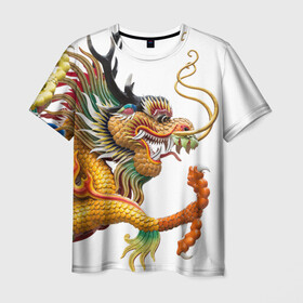 Мужская футболка 3D с принтом Желтый китайский дракон 3D в Санкт-Петербурге, 100% полиэфир | прямой крой, круглый вырез горловины, длина до линии бедер | азиатский дракон | дракон | дракон 3d | дракон 3д | желтый | желтый азиатский дракон | желтый дракон | желтый китайский дракон | желтый японский дракон | золотой | золотой дракон