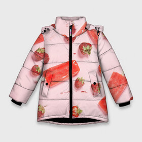 Зимняя куртка для девочек 3D с принтом Мороженое и клубника в Санкт-Петербурге, ткань верха — 100% полиэстер; подклад — 100% полиэстер, утеплитель — 100% полиэстер. | длина ниже бедра, удлиненная спинка, воротник стойка и отстегивающийся капюшон. Есть боковые карманы с листочкой на кнопках, утяжки по низу изделия и внутренний карман на молнии. 

Предусмотрены светоотражающий принт на спинке, радужный светоотражающий элемент на пуллере молнии и на резинке для утяжки. | вода | капля | клубника | лёд | мороженое | фрукт | холод | ягода