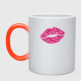 Кружка хамелеон с принтом Сахарный поцелуй губ в Санкт-Петербурге, керамика | меняет цвет при нагревании, емкость 330 мл | Тематика изображения на принте: блестки | блестящий | губки | губы | краски | отпечаток | поцелуй | розовый