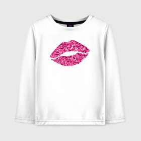 Детский лонгслив хлопок с принтом Сахарный поцелуй губ в Санкт-Петербурге, 100% хлопок | круглый вырез горловины, полуприлегающий силуэт, длина до линии бедер | блестки | блестящий | губки | губы | краски | отпечаток | поцелуй | розовый
