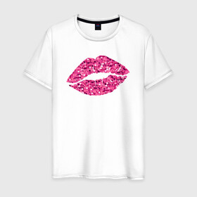 Мужская футболка хлопок с принтом Сахарный поцелуй губ в Санкт-Петербурге, 100% хлопок | прямой крой, круглый вырез горловины, длина до линии бедер, слегка спущенное плечо. | Тематика изображения на принте: блестки | блестящий | губки | губы | краски | отпечаток | поцелуй | розовый